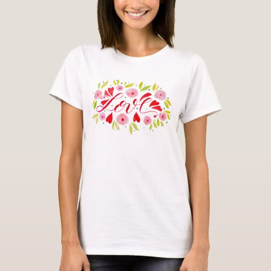 T-shirt Amour et fleurs - rose et rouge (Devant)