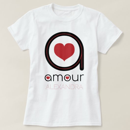 T-shirt Amour noir, Coeur rouge, Nom Customisé (Design devant)