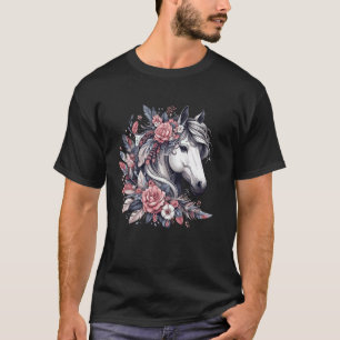 T-shirt Amoureux de cheval floral Beau cheval avec des fle