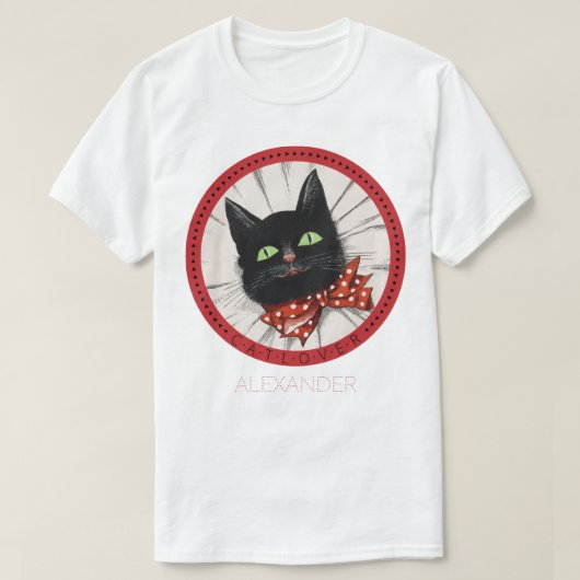 T-shirt Amoureux des chats Bow Cravate Noir Rouge Vert Nom (Design devant)