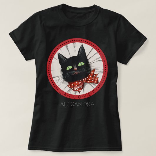T-shirt Amoureux des chats Bow Cravate rouge noir vert Nom (Design devant)
