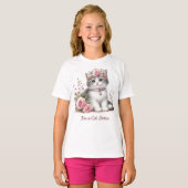 T-shirt Amoureux des chats Grey Kitten Roses rose (Devant entier)