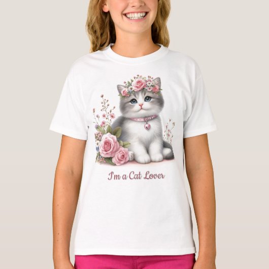 T-shirt Amoureux des chats Grey Kitten Roses rose (Devant)