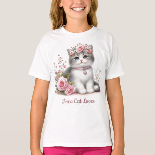 T-shirt Amoureux des chats Gris Chaton Roses Roses