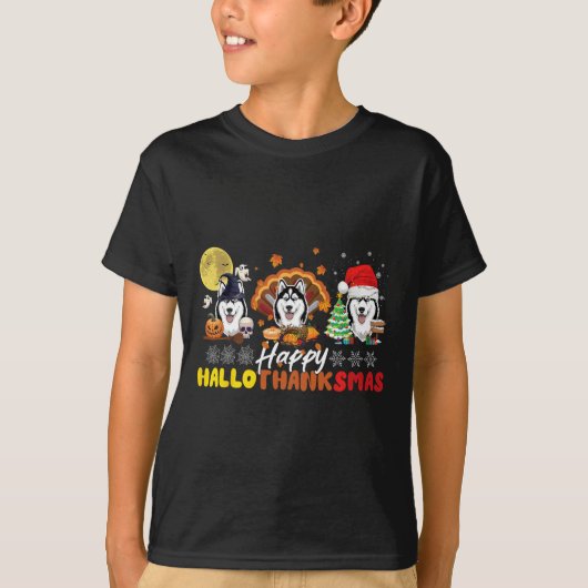 T-shirt Amoureux des chiens Husky Happy HalloThanksmas Hap (Devant)