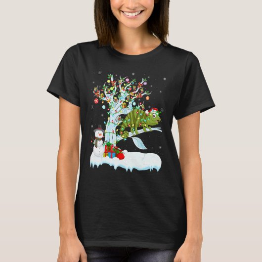 T-shirt Amusant Chameleon Xmas Arbre Éclairage Père Noël C (Devant)