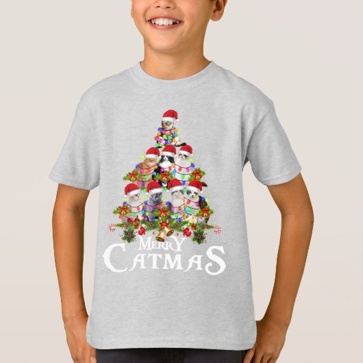 T-shirt Amusant Joyeux Catmas lumières arbre Noël Chat cad (Devant)