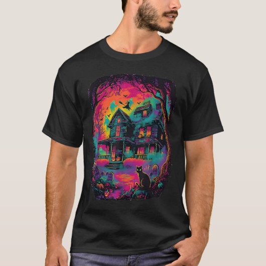 T-shirt Amusant Neon S Fantôme Chat Noir Sorcière Hallowee (Devant)