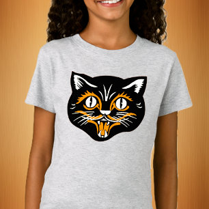T-Shirt Amusant Souriant Halloween visage Chat noir avec o