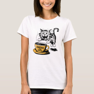 T-shirt An artistic drawing of a cute cat with a cup of co