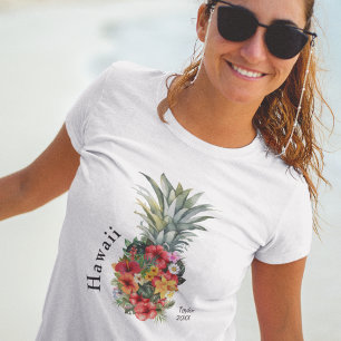 T-shirt Ananas Tropical Hawaii avec fleurs, Nom de famille