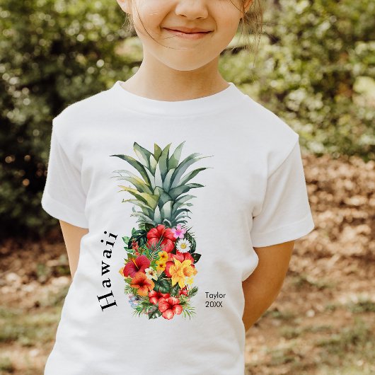 T-shirt Ananas Tropical Hawaii avec fleurs, Nom de famille