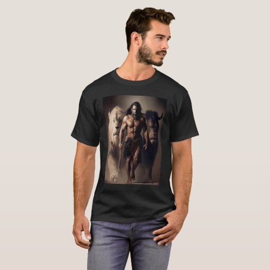 T-shirt Ancienne chasse Pack Famille Homme et Lions avec (Devant entier)