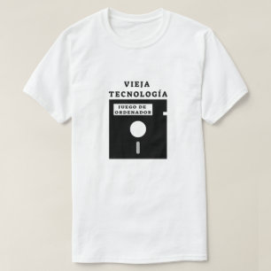 T-shirt ancienne disquette et texte espagnol : vieja tecno
