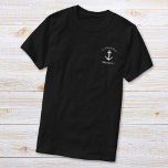 T-shirt Ancre de bateau classique capitaines noir<br><div class="desc">Le t-shirt noir du capitaine du bateau sur le thème nautique avec l'illustration blanche d'une ancre classique et son nom et le nom du bateau en lettres blanches modernes.</div>