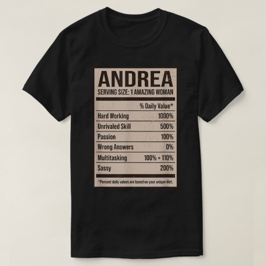 T-shirt Andrea Nutrition Facts Nom Pseudo Alias Titre F (Design devant)