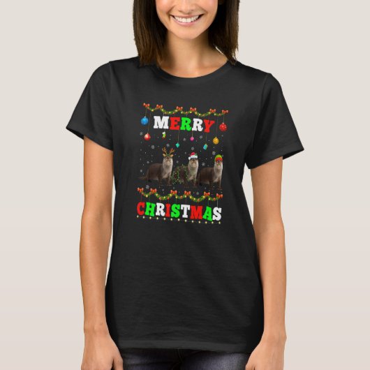 T-shirt Animals Lights Merry Christmas Santa Otter (Devant)