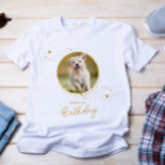 T-shirt Animaux de compagnie Photo Gold Stars Chien Annive<br><div class="desc">Puppy Pawty ! Ajoutez la touche finale à votre anniversaire de chiot ou de chien avec cette élégante photo d'animal de compagnie personnalisée en or et chemises de fête des étoiles de parties scintillant. Ajoutez la photo préférée de votre chiot et personnalisez avec le nom, l'âge anniversaire! Découvrez la collection...</div>