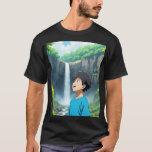 T-shirt Anime Boy Admiring Waterfall in a Beautiful Nature<br><div class="desc">A stunning anime illustration of a young boy looking up in wonder while standing in front of a majestic waterfall surrounded by lush green cliffs and bright blue sky. The scene captures the peaceful beauty of nature with vibrant colors, flowing water, and a calm atmosphere, perfect for anime and nature...</div>