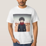 T-shirt Anime Boy Standing in Desert Landscape – Anime Adv<br><div class="desc">An anime-style illustration of a determined young boy standing in the middle of a vast desert landscape. The scene features sandy dunes, a distant cactus, and a clear sky, creating a dramatic and adventurous atmosphere. The character wears a dark jacket with a red scarf, giving the image a strong anime...</div>