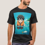 T-shirt Anime Boy Swimming in the Ocean with Fish – Cute A<br><div class="desc">A cute anime boy wearing an orange life jacket swimming in the clear blue ocean surrounded by small fish. The peaceful beach background, bright sky, and tropical island scenery create a vibrant anime-style summer adventure scene.</div>