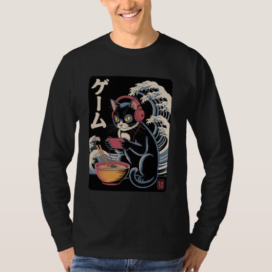 T-shirt Anime Cat Eating Ramen Japanese Wave Kawaii Neko K (Devant)
