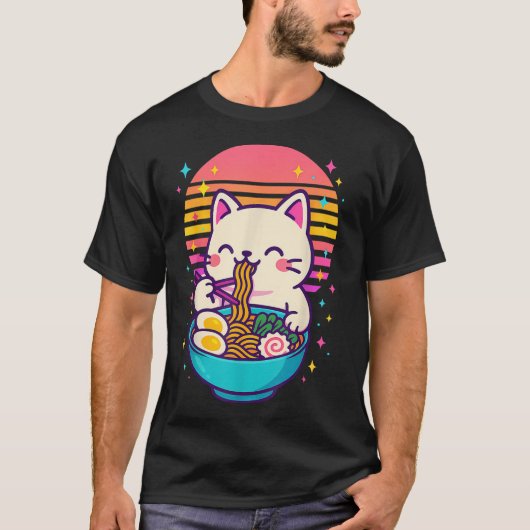 T-shirt Anime Chat Manger Ramen japonais (Devant)