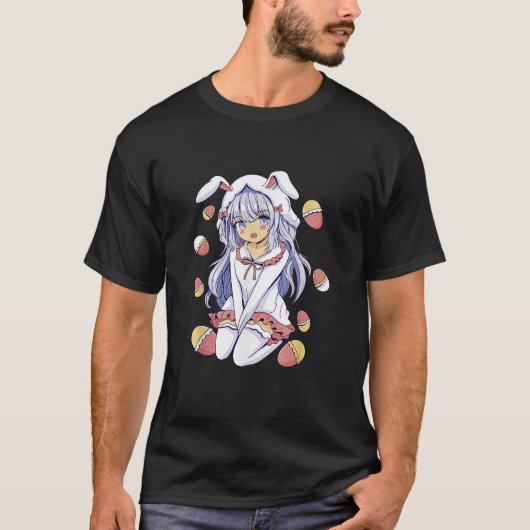 T-shirt Anime Girl Easter Bunny and Eggs Holiday Graphic P (Devant)