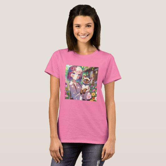 T-shirt Anime Girl et chat siamois (Devant entier)