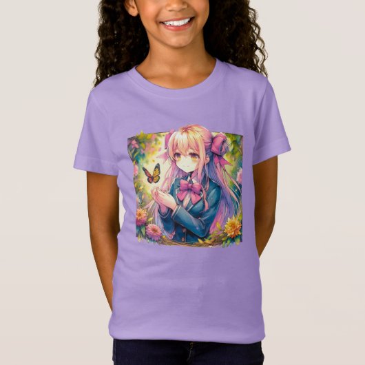 T-Shirt Anime Girl et papillon aquarelle (Devant)