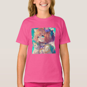 T-shirt Anime Girl Holding an Adorable Kitten