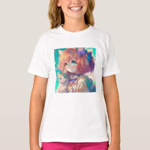 T-shirt Anime Girl Holding an Adorable Kitten