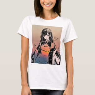T-shirt Anime Girl Sunset Art T Shirt Round Neck