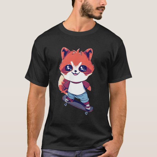 T-shirt Anime Red Panda Skateboard (Devant)