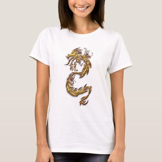 T-shirt Année du "DRAGON" chinois Dragon d'or & Kanji (Devant)
