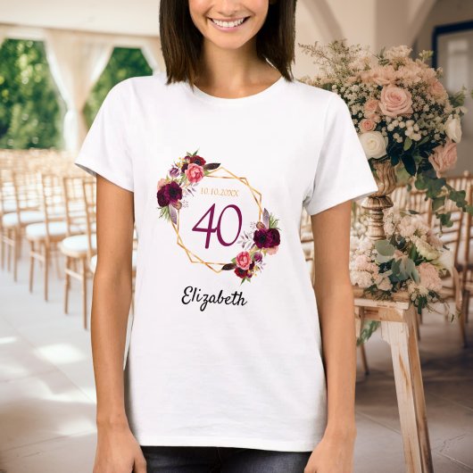 T-shirt Anniversaire blanc or bordeaux floraux
