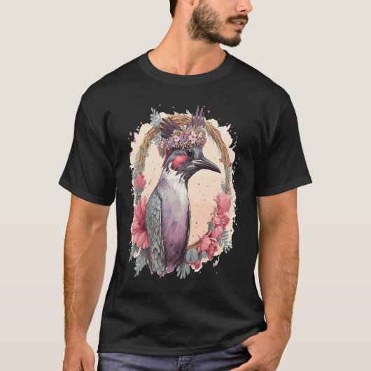 T-shirt Aquarelle Artistique Pic Oiseau Fleur Couronne P (Devant)