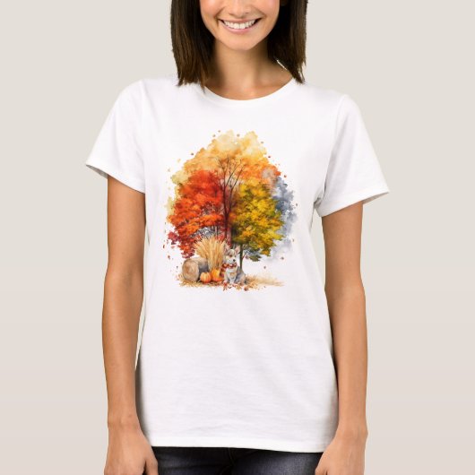 T-shirt Aquarelle Automne Chien Design - Corgi (Devant)