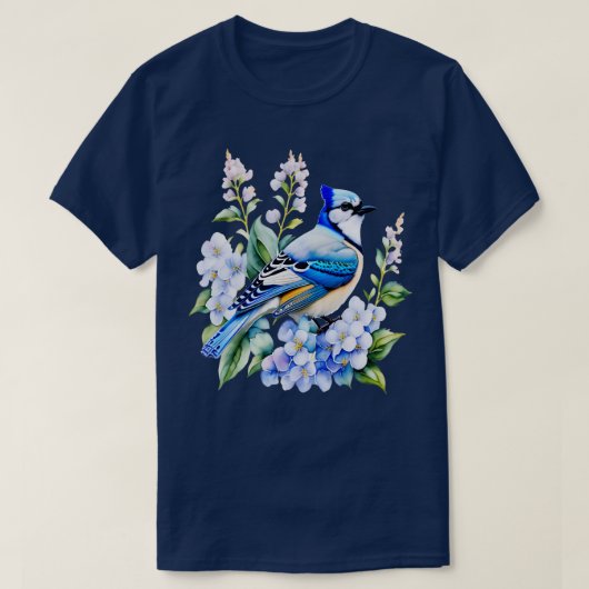 T-shirt Aquarelle bleu Jay et bleu Hydrangeas (Design devant)