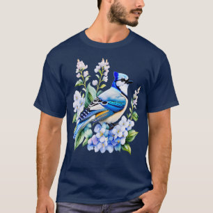 T-shirt Aquarelle bleu Jay et bleu Hydrangeas