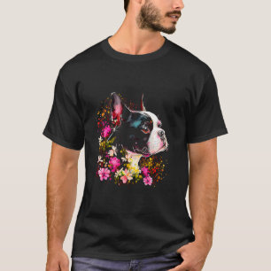 T-shirt Aquarelle Boston Terrier avec fleurs Bostie 10