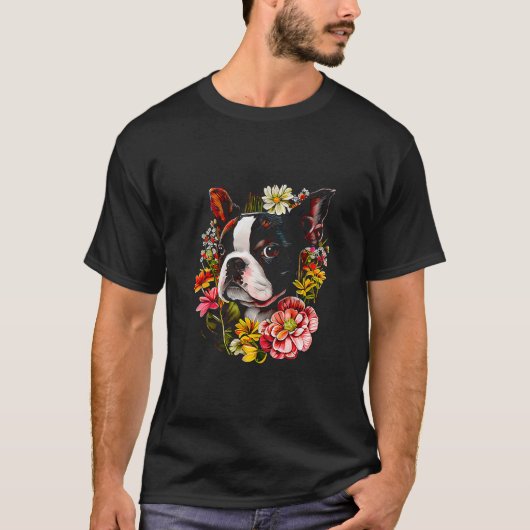 T-shirt Aquarelle Boston Terrier avec fleurs Bostie 11 (Devant)