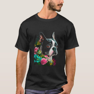 T-shirt Aquarelle Boston Terrier avec fleurs Bostie 14