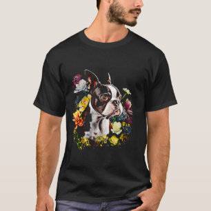 T-shirt Aquarelle Boston Terrier avec fleurs Bostie 18