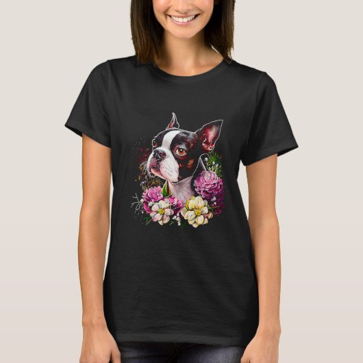 T-shirt Aquarelle Boston Terrier avec fleurs Bostie 19 (Devant)