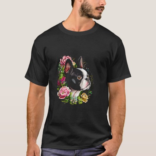 T-shirt Aquarelle Boston Terrier avec fleurs Bostie 31 (Devant)
