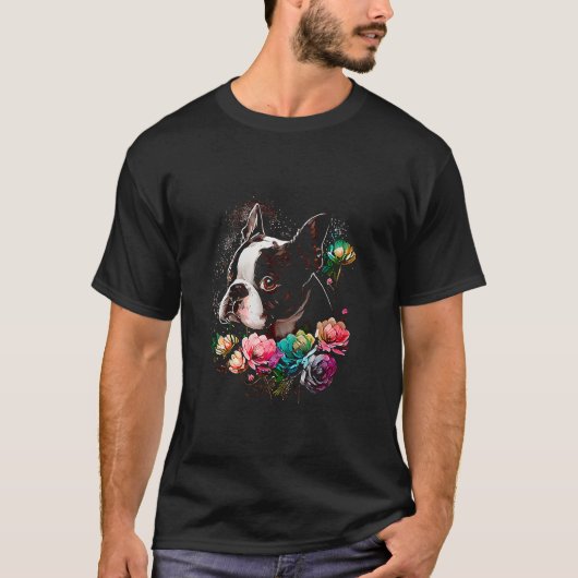 T-shirt Aquarelle Boston Terrier avec fleurs Bostie 45 (Devant)