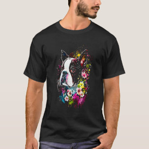 T-shirt Aquarelle Boston Terrier avec fleurs Bostie 49