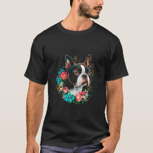 T-shirt Aquarelle Boston Terrier avec fleurs Bostie 74