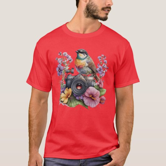 T-shirt Aquarelle Caméra florale avec ami d'oiseaux (Devant)